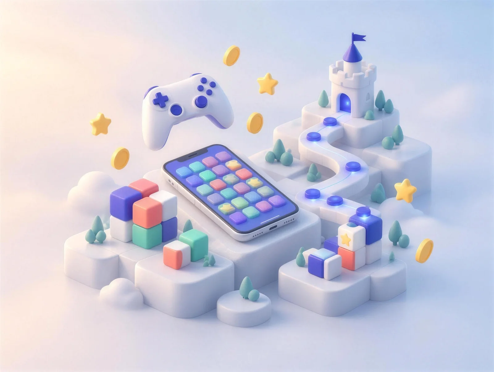 Illustration of a mobile puzzle game world with a phone, controller, and level path.