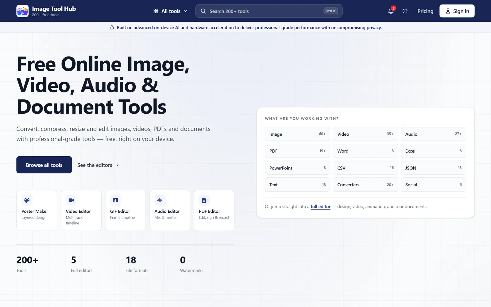 Image Tool Hub home page on desktop